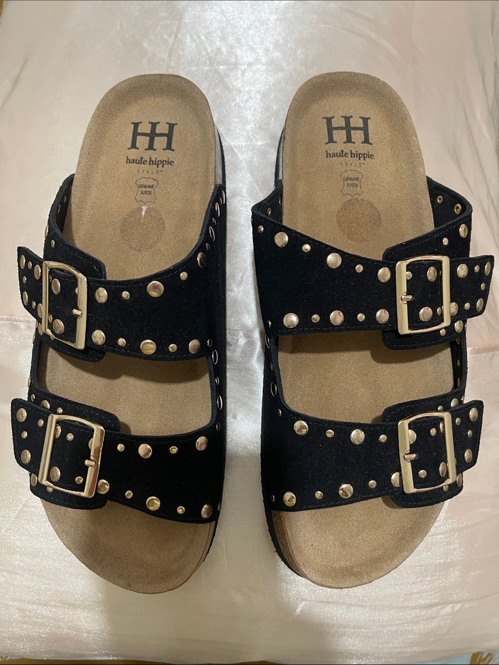 Haute Hippie Black Studded Double Buckle Slide Sandals